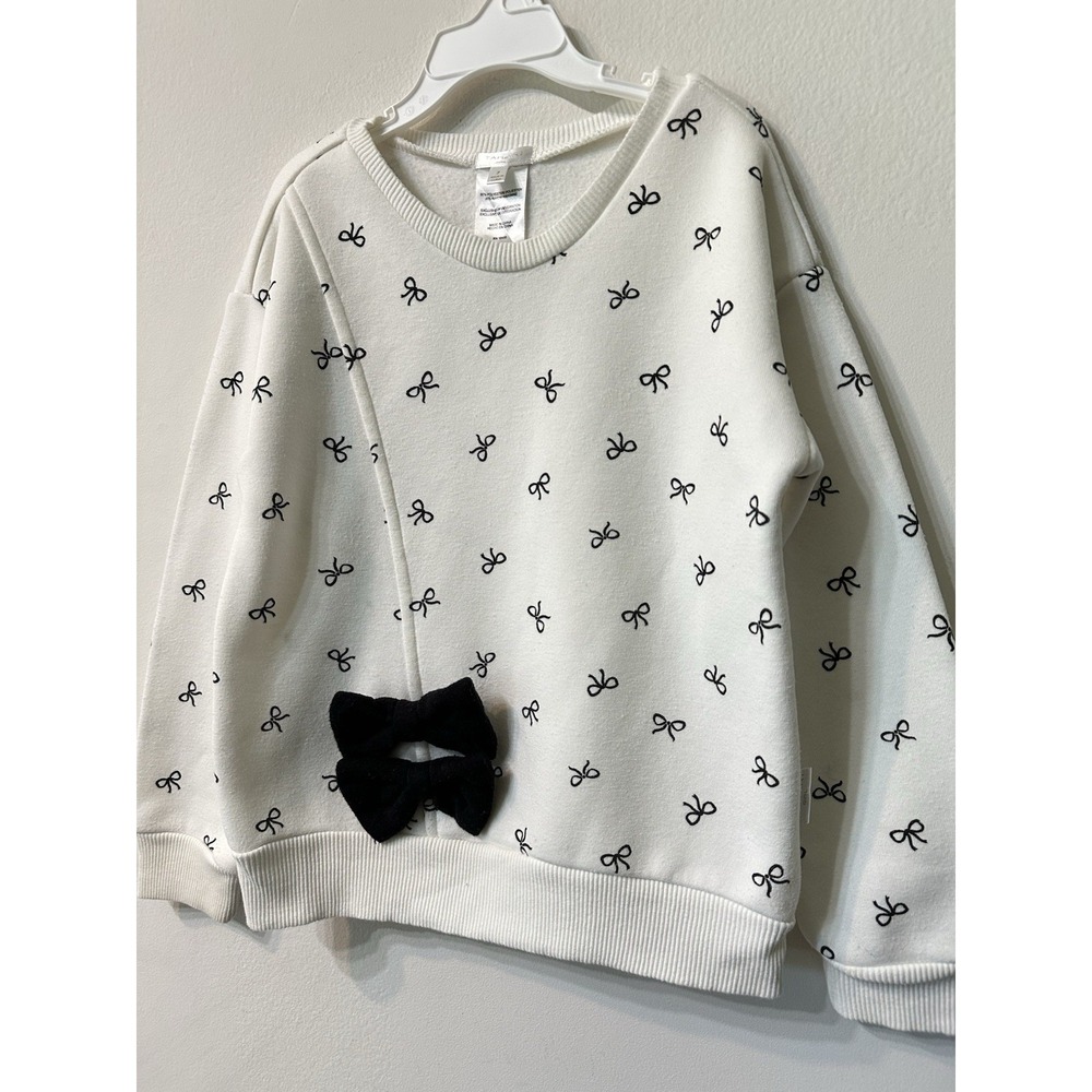 Tahari Girl Bow Sweatshirt Size 7 Cream Fleece Pullover All Over Print Applique